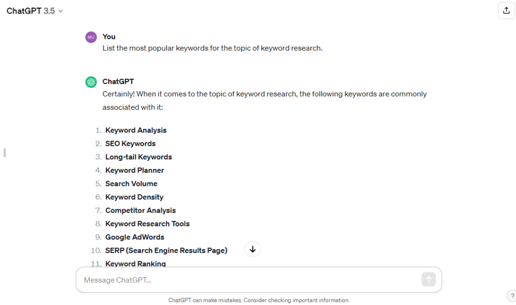 Basic Keyword Research with ChatGPT First Way 