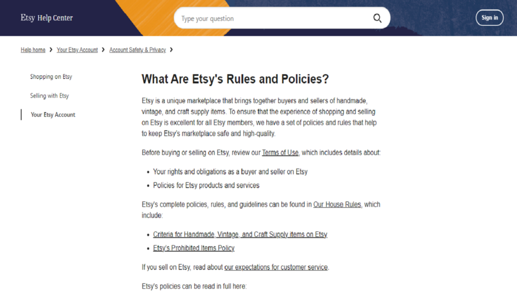 Policies of Etsy 