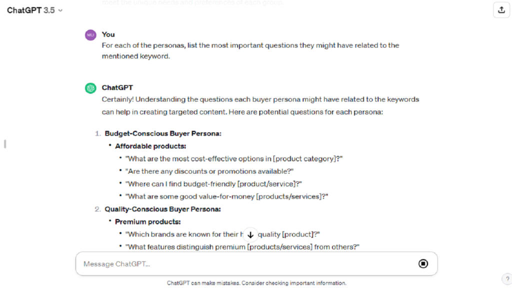 Adding Your Buyer Personas for Keyword Research with ChatGPT Second Prompt 