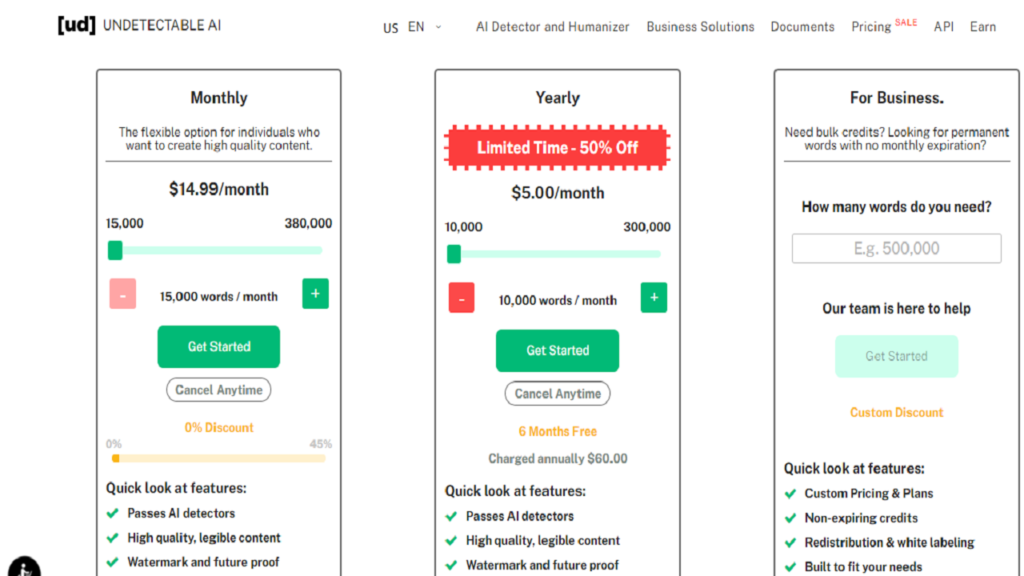 Undetectable AI Pricing