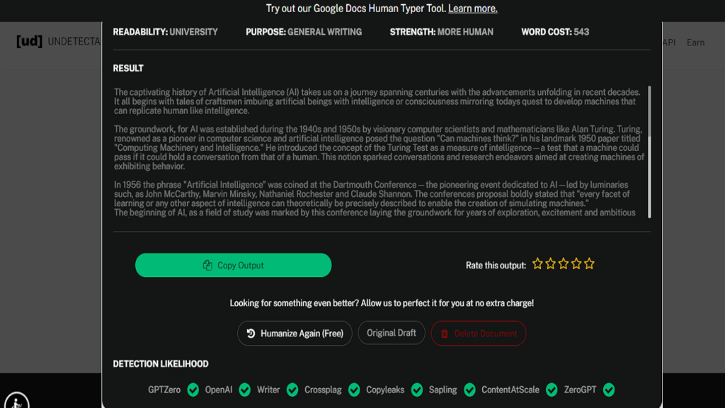 Undetectable AI Stealthwriter came with an output