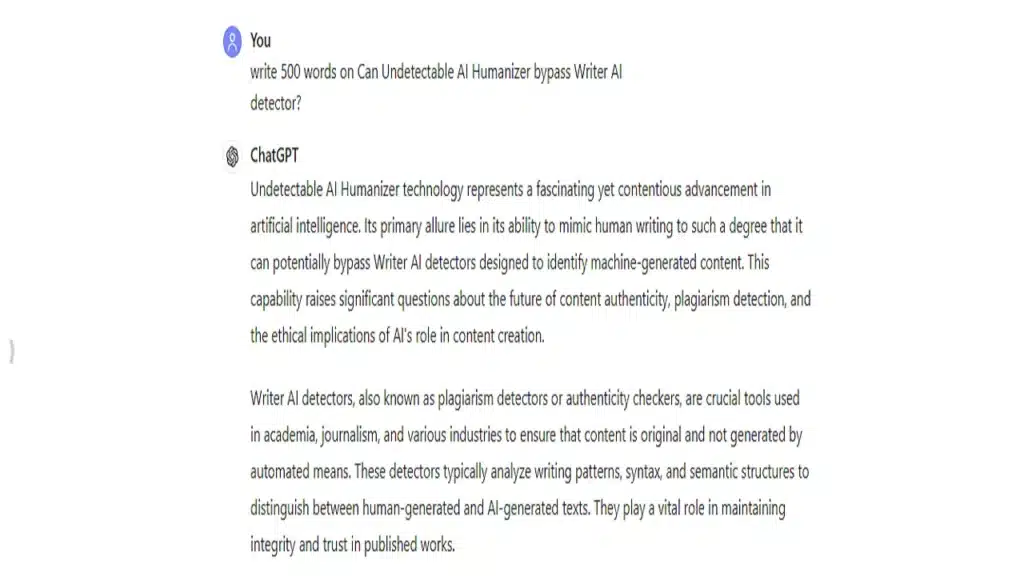 We ask ChatGPT to write 500 words on Can Undetectable AI Humanizer Bypass Writer AI detector?