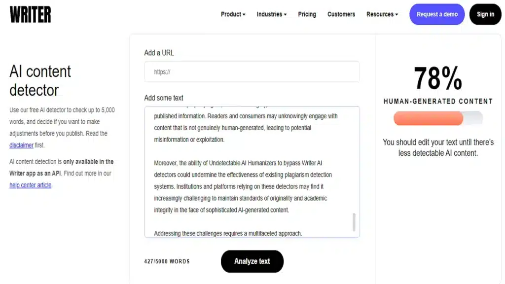 We copy the content from ChatGPT and paste it in Writer AI detector. As you can see Writer detected AI content. The result is 78 % human generated and 22 % AI content. 