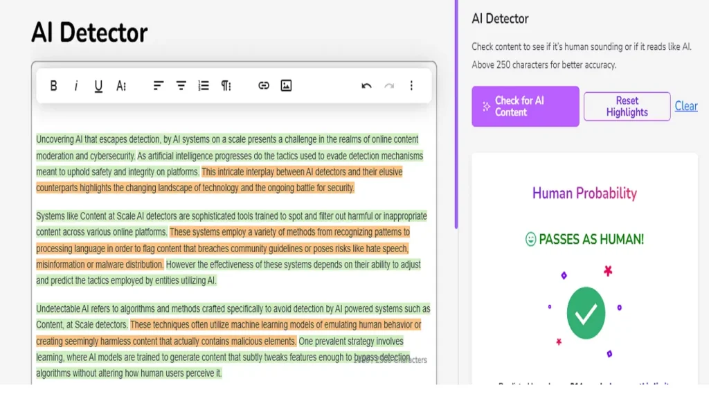 We copy the output from Undetectable AI humanizer and paste it in Content at Scale AI detector. As you can see Undetectable AI humanizer has successfully bypass Content at Scale AI detector. The result of Content at Scale AI detector is Passes as Human.