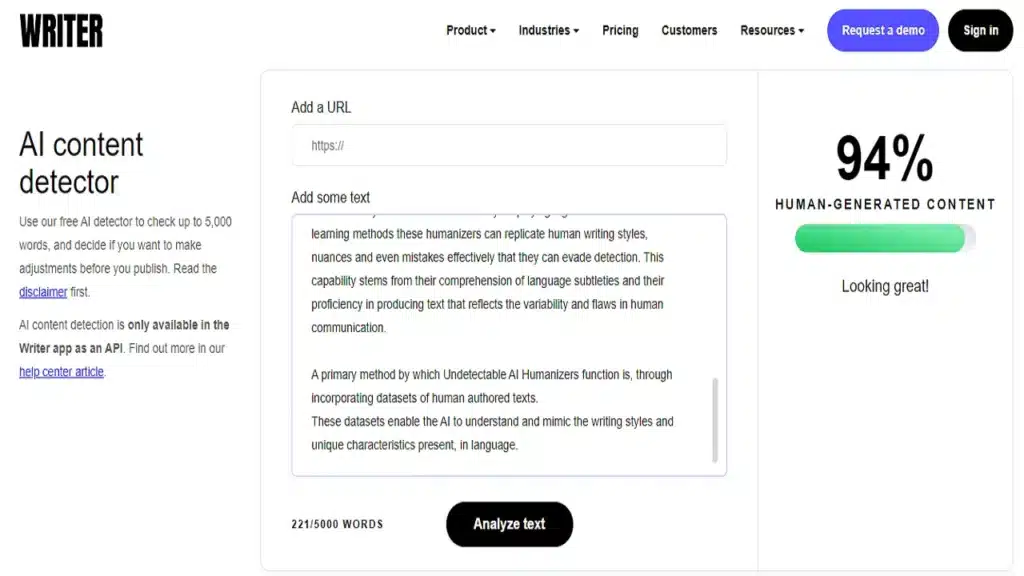 We copy the output from Undetectable AI humanizer and paste it in Writer AI detector. As you can see Undetectable AI humanizer has successfully bypass Writer AI detector. The result of Writer AI detector is 94 % Human generated content and just 6 % AI content.