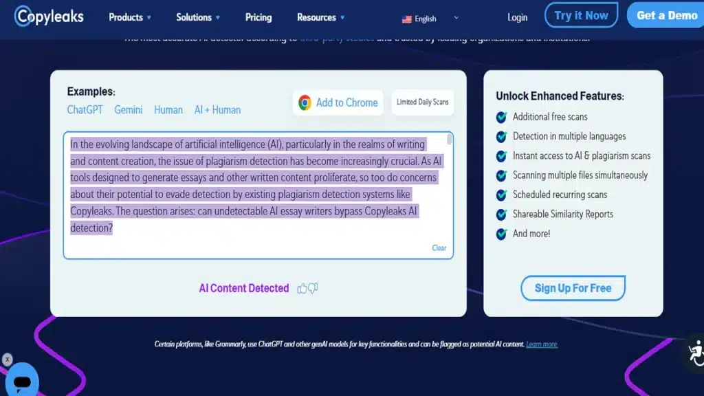 We copy the content from ChatGPT and paste it in Copyleaks detector. Copyleaks AI detector detected AI.