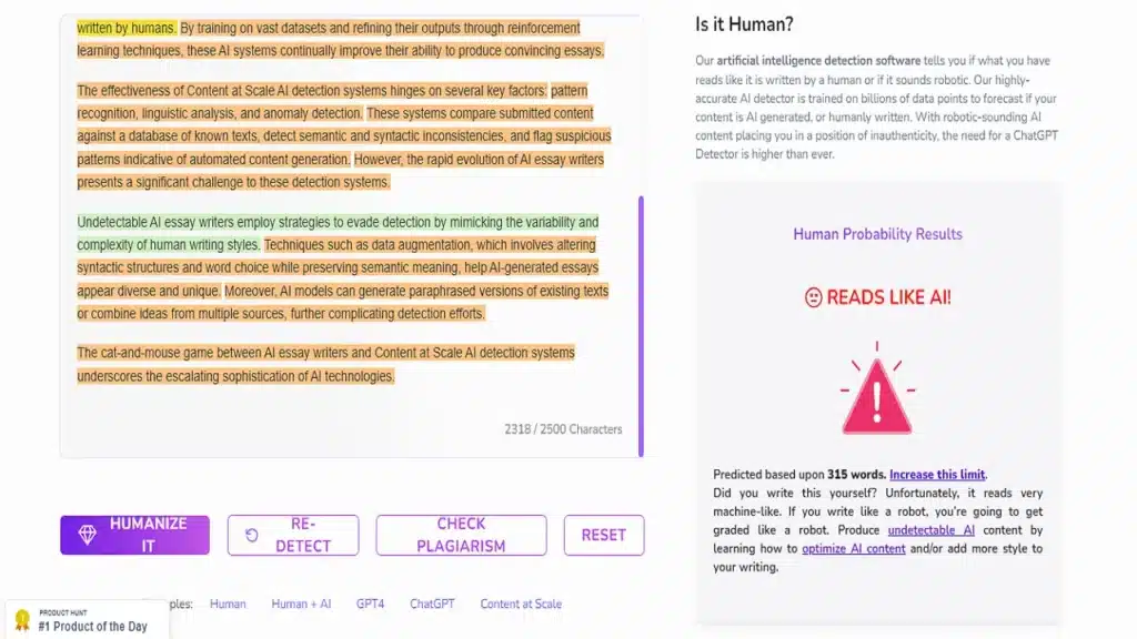 We copy the content from ChatGPT and paste it in Content at Scale AI detector. Content at Scale AI detector detected AI saying Reads like AI.