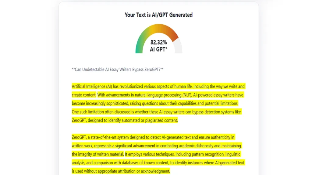 We paste the content from ChatGPT and paste it in ZeroGPT AI detector. ZeroGPT says 82.32 % probability AI generated.