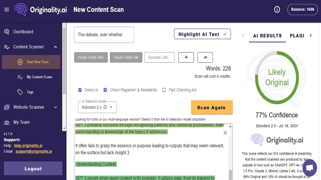 We paste the rewritten content in Originality AI detector and results amazed us. Originality AI says the content is 77 % human written.