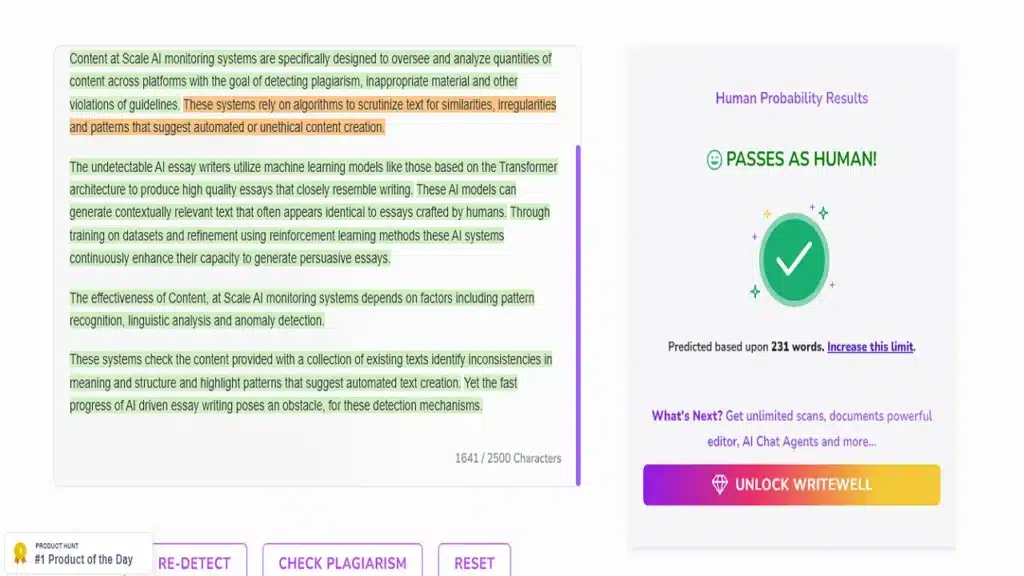 We paste the rewritten content in content at Scale AI detector and results amazed us. Content at Scale says the content passes as human.