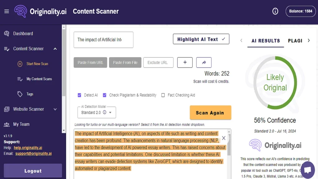 We paste the rewritten content in Originality AI detector and results amazed us. Originality AI says the content is 56 % human written.