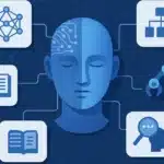 Illustration of a human-like head surrounded by AI-related icons, including neural networks, decision trees, robotics, books for learning, binary code, and magnifying glass over a head, representing different artificial intelligence methods and applications.