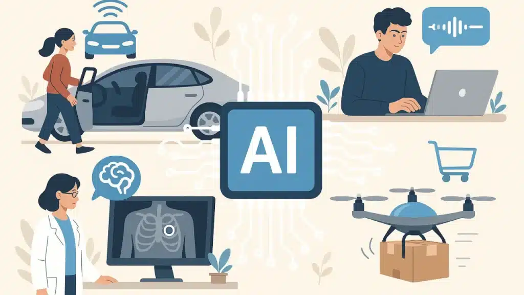 Illustration showing AI applications in everyday life, including autonomous cars, speech recognition on laptops, medical diagnosis with X-ray analysis, online shopping, and drone delivery.